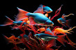 Swarm of Neon Tetra Paracheirodon innesi freshwater fish isolated