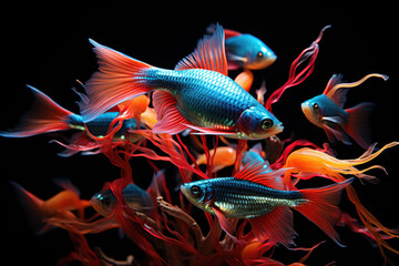 Wall Mural - Swarm of Neon Tetra Paracheirodon innesi freshwater fish isolated