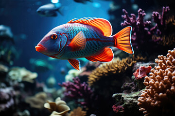 Wall Mural - Tropical sea underwater fishes on coral reef. Aquarium oceanarium wildlife colorful marine panorama landscape nature snorkeling diving