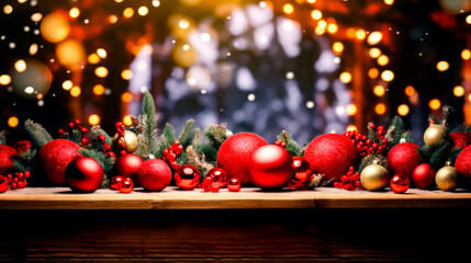 Sticker - Wooden table topped with red ornaments and greenery on top of it.