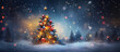 árboles de navidad con bolas iluminadas y estrella en su parte superior en paisaje nocturno nevado, con fondo desenfocado y bokeh