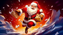 Santa Claus Running Through The Air With Bag Of Presents In His Hand.