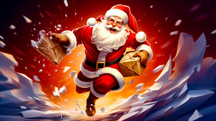 Santa claus running through the air with bag of presents in his hand.