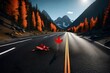 3D rendering of an empty highway in the Canadian wilderness. Showcase a single red leaf resting on the road, with the vast forest and towering mountains in the background.