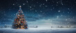 árbol de navidad con bolas iluminadas y estrella en su parte superior en paisaje nocturno nevado, con fondo desenfocado y bokeh