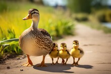 A Group Of Ducklings Following Closely Behind Their Protective Mother