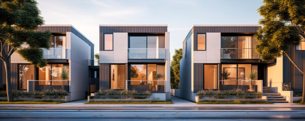 Wall Mural - Modern modular private townhouses. Residential minimalist architecture exterior. A very modern neighborhood, late afternoon or morning shot