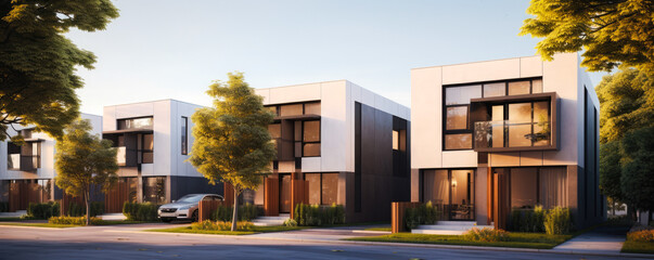 Wall Mural - Modern modular private townhouses. Residential minimalist architecture exterior. A very modern neighborhood, late afternoon or morning shot