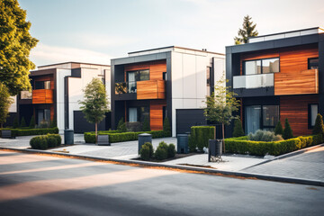 Wall Mural - Modern modular private townhouses. Residential minimalist architecture exterior. A very modern neighborhood, late afternoon or morning shot