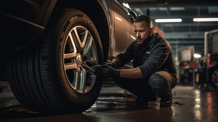 Wall Mural - Worker checking technical condition of car wheel. Generative AI