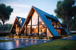 Modern residential suburban building A-frame architecture, a luminous triangular house with large windows at evening