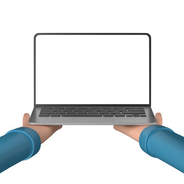 a 3D illustration of hands holding a laptop isolated on a white background