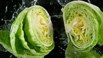 Poster - Super slow motion of raw salad head with water splash. Filmed on high speed cinema camera, 1000 fps. Isolated on black background.
