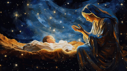 Wall Mural - Mary and child Jesus, modern painting, generative ai