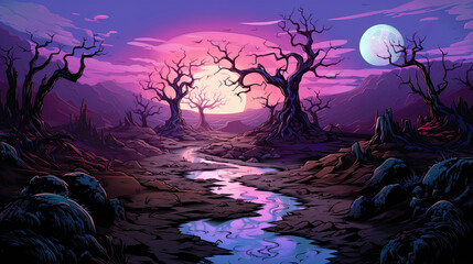 Wall Mural - Fantasy landscape with full moon and dead trees. Vector illustration