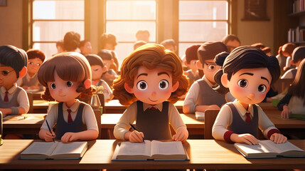 a primary elementary school group of children studying in the classroom. learning and sitting at the desk. Education theme. Children in a classroom.