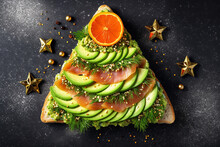 AI. Sandwich - Toast In The Shape Of A Christmas Tree Made Of Salmon, Avocado Slices, Tomatoes And Dill On A Black Background. Table Decoration For Christmas