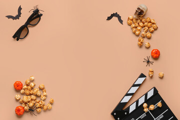 Sticker - Composition with tasty caramel popcorn, clapperboard, 3D glasses and Halloween decor on beige background