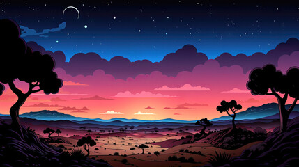 Canvas Print - Night landscape with forest and mountains. Vector illustration