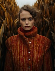 Wall Mural - A beautiful blonde model wearing an orange coat standing in the middle of a corn field. Autumn fashion concept. Generative AI