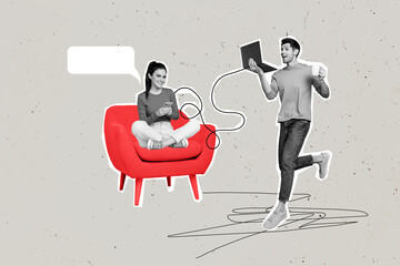 Poster - Photo banner image collage of two young colleagues connection working remote business partners project chatting isolated on grey background