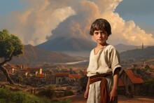 Ancient Greek Volcano Eruption Child Boy. Generate Ai
