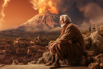 Destructive Ancient greek volcano eruption old man. Generate Ai