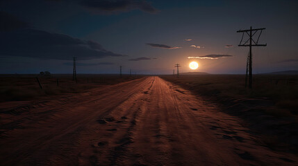 Canvas Print - Dirt road in the desert at sunset with sun in the sky