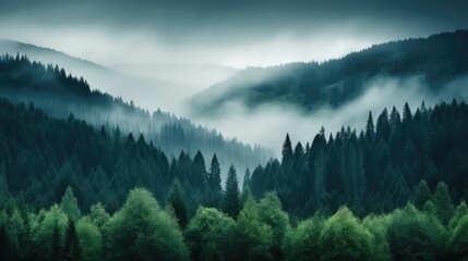 Poster - Cool toned misty valley overgrown with pine trees