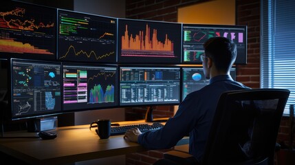 a man is sitting in front of many computer screens monitoring various data