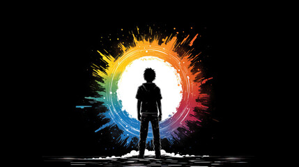 Wall Mural - Silhouette of a man standing on abstract background with colorful splashes