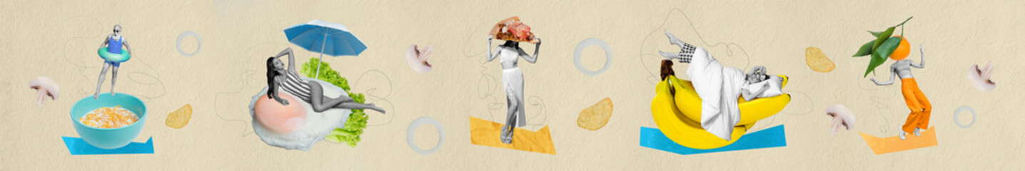 Photo panorama collage different food milk crisps fried egg sunbathing girl slice pizza pepperoni chill banana isolated on beige background