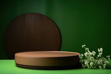 brown podium close shot green backg studio with clover