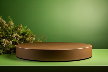 brown podium close shot green backg studio with lucerne