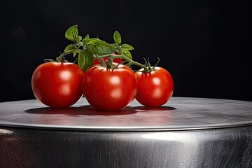 iridescent podium close shot silver backg studio with tomatoes