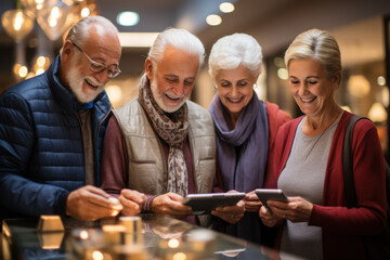 Tech Savvy Seniors. Group of seniors using tablets for video calls, embracing technology in senior life. Generative Ai.