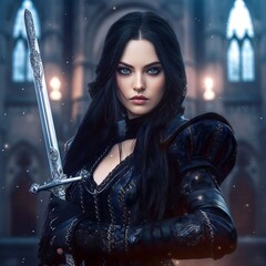 Beautiful female warrior with dark hair and blue eyes in black Renaissance armor holding a sword