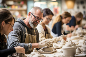 Sticker - A community center hosts a pottery class, fostering creativity and camaraderie among participants in a versatile third space. Generative Ai.