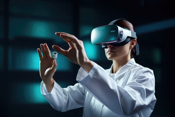 Poster - A close-up of a person's hand operating a virtual reality headset for medical training and simulations. Generative Ai.