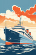 Duotone basic pop art vintage style travel poster of a cruise ship.