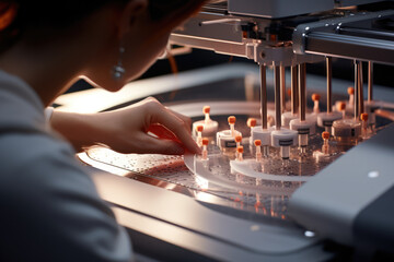 Canvas Print - A close-up of a person's hand adjusting settings on a 3D bioprinter to create tissue constructs. Generative Ai.