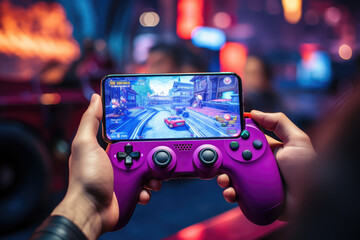 Poster - a close-up of a person's hand displaying an esports-themed smartphone with gaming apps. generative a