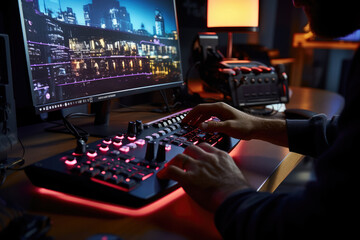 Aufkleber - a close-up of a person's hand adjusting the settings on a curved gaming monitor for immersive gamepl
