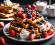 Appetizing beautiful waffles with whipped cream, strawberry and other berries on a plate, dessert food photo