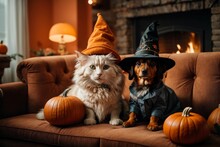 A Cute Dachshund Dressed As A Witch On The Pumpkin-colored Sofa With A Cute Kitten For Halloween