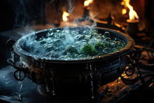 A Witch's Cauldron Filled With Bubbling Dry Ice For A Bewitching Effect. Generative Ai.