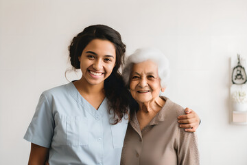 Wall Mural - Portrait of smiling female caregiver standing with senior woman patient against white background