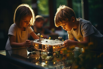 Wall Mural - Kids collaborate to build a small solar-powered car, learning about renewable energy and harnessing the power of the sun. Concept of Solar Vehicle. Generative Ai.