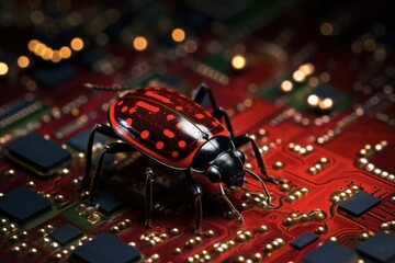 Wall Mural - Debugging Cyber Bug Concept with a Miniature Ladybug on a Red Motherboard: The Programmer Searches for Causes of Software and Hardware Errors in Business Development.