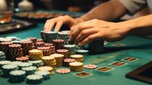 Hands Skillfully Shuffling Poker Chips At A Tournament Table